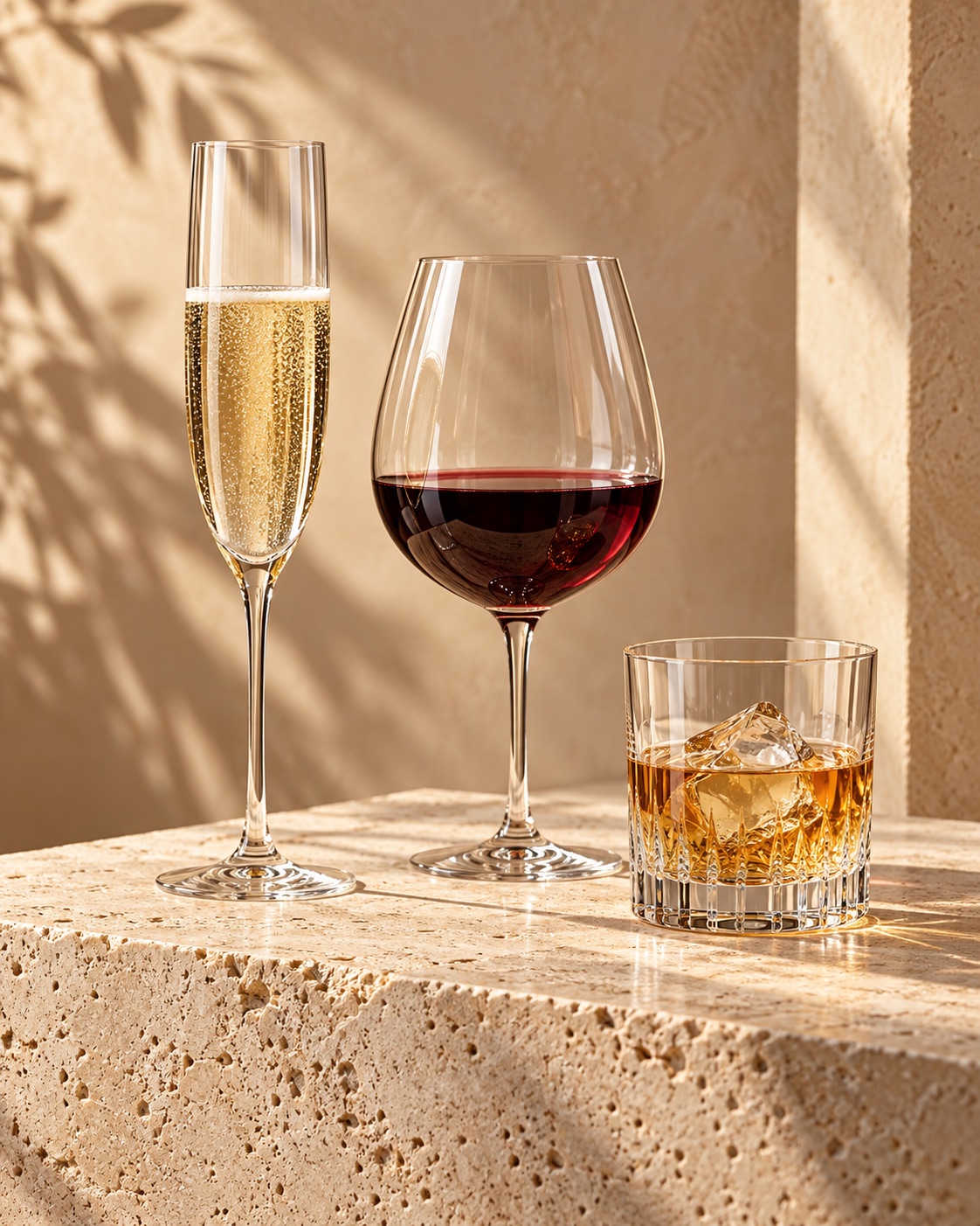 Illustrative scene with a champagne flute, wine glass and short tumbler