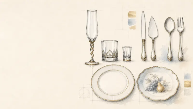 Concept sketches for champagne flutes, glassware, cake servers and tableware